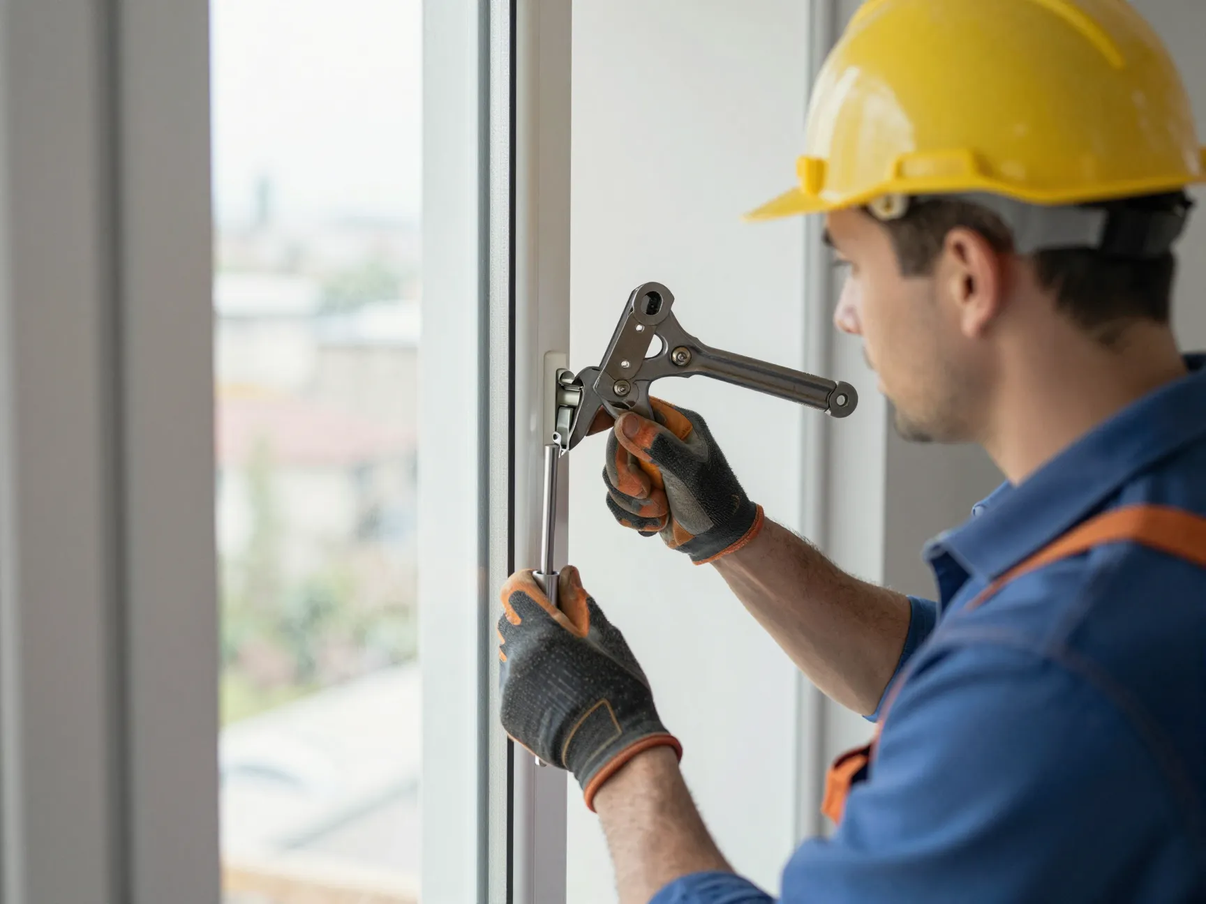Professional construction worker installing window hardware with tools, focused action,