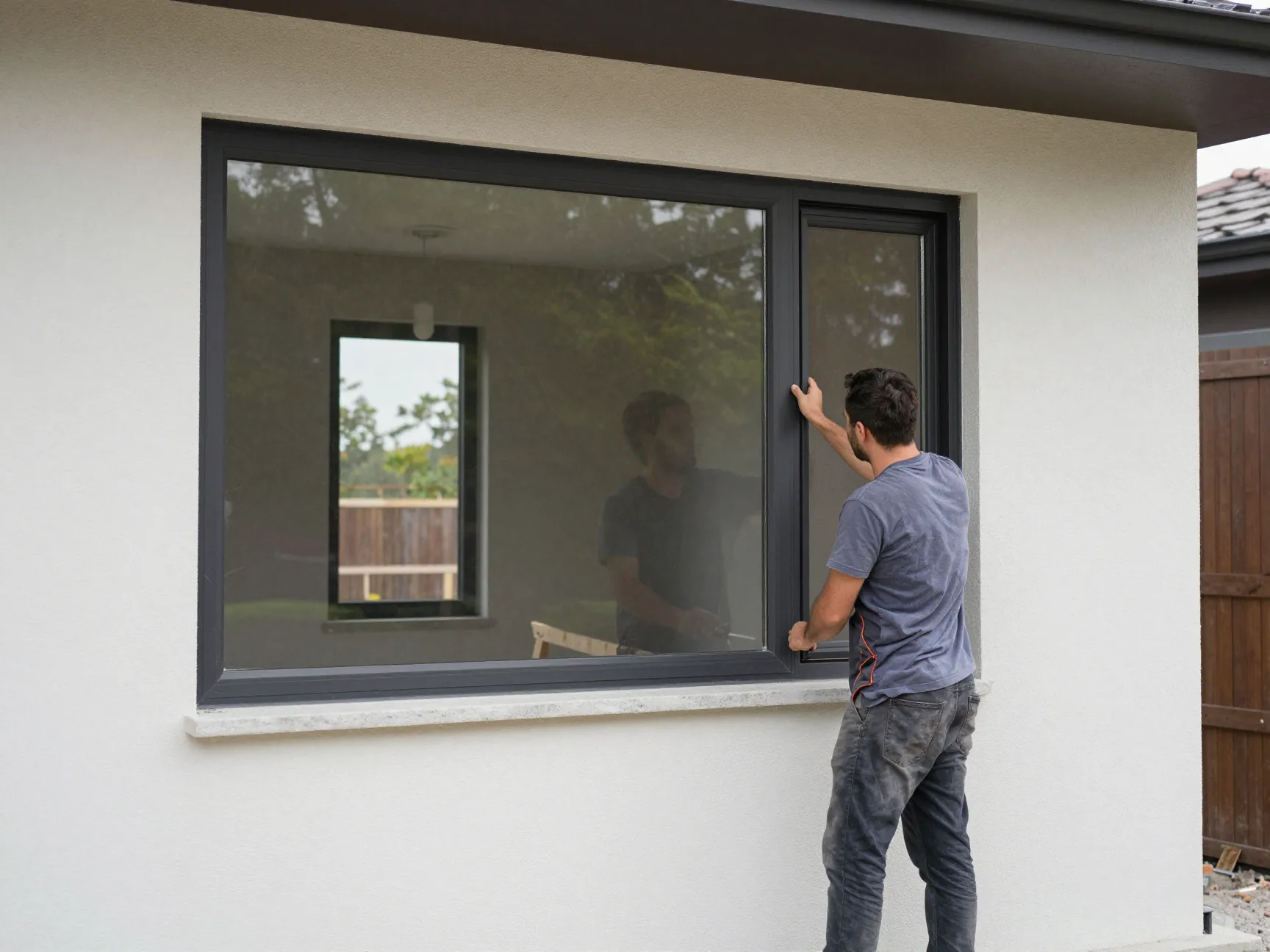 Professional window installation process by workers in uniform, modern house construction site, daylight, focused photography