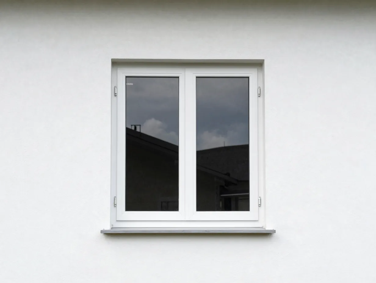 Modern white window frame on residential house wall,